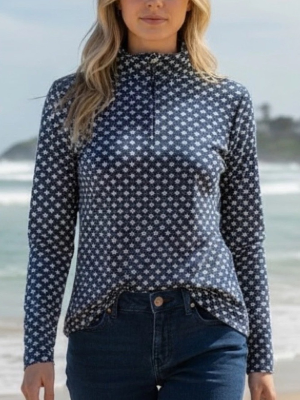 Lands End Long-Sleeve Navy Floral Mock Neck Rash Guard Sun Protection Top, XL